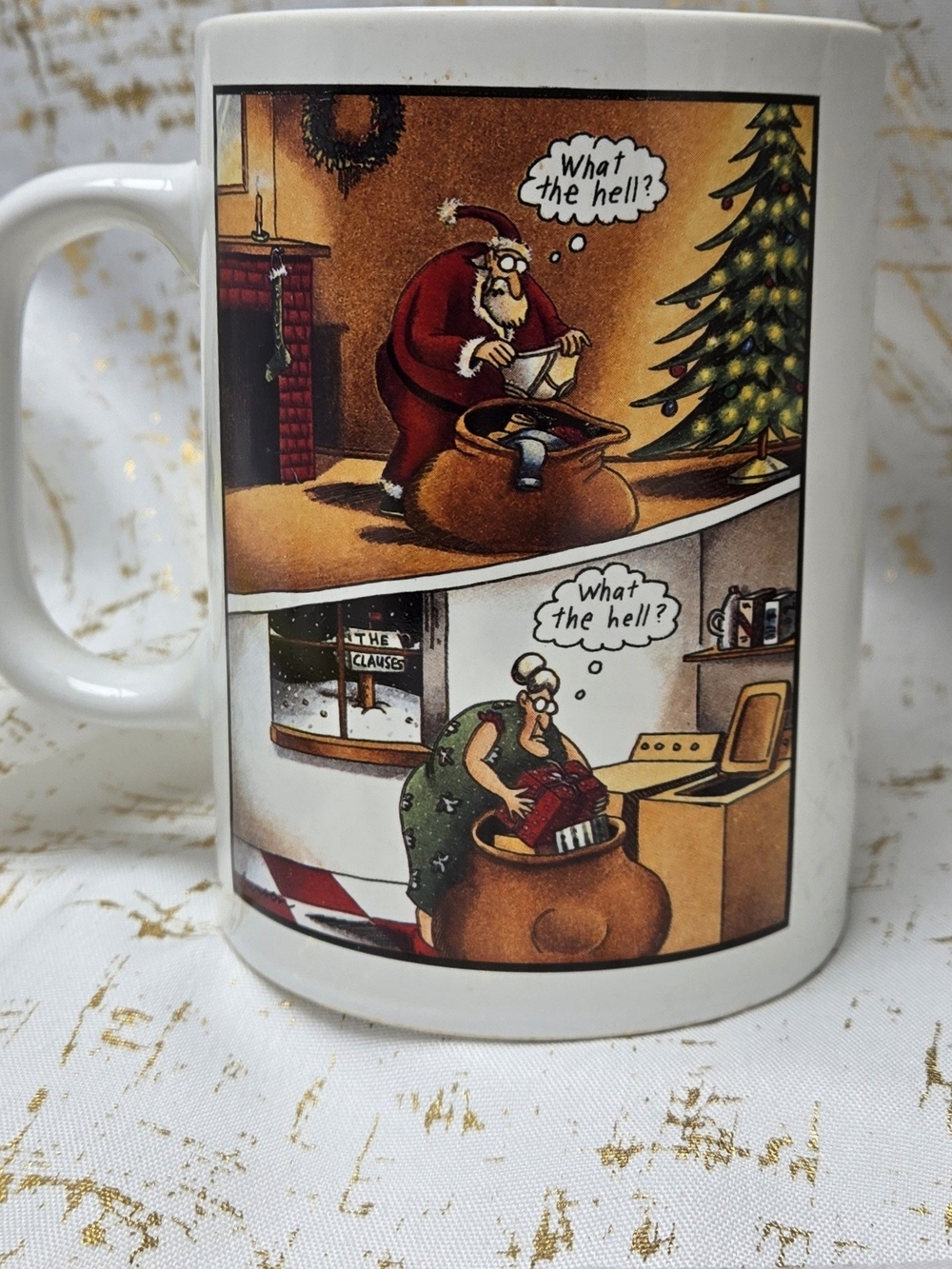 The Far Side Gary Larson 1989 Santa Wrong Sack "What The Hell" 11oz Ceramic Mug